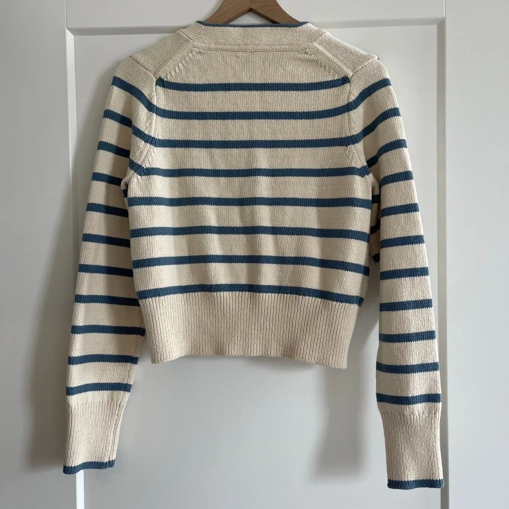 Veronica Beard Noorie Cardigan Sz Medium Ivory Blue Striped Cotton Chic Classic - Picture 12 of 16